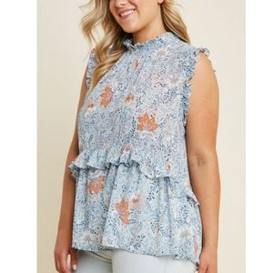 Hayden High Smock Neck Ruffled Sleevelss Blouse 2X